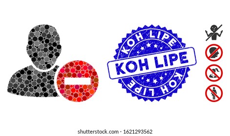 Mosaic remove user icon and rubber stamp seal with Koh Lipe phrase. Mosaic vector is designed with remove user pictogram and with scattered circle items. Koh Lipe seal uses blue color,