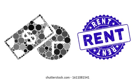 Mosaic rent time icon and rubber stamp seal with Rent caption. Mosaic vector is formed from rent time icon and with scattered spheric items. Rent stamp seal uses blue color, and grunge design.
