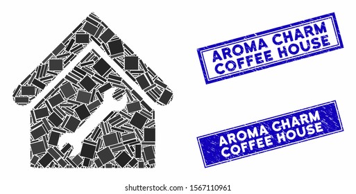 Mosaic repair building icon and rectangular seal stamps. Flat vector repair building mosaic icon of random rotated rectangular items. Blue caption rubber stamps with distress textures.