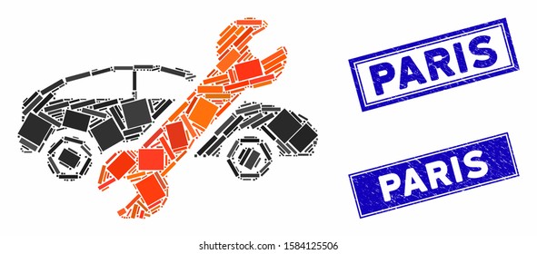 Mosaic repair car pictogram and rectangular Paris seal stamps. Flat vector repair car mosaic pictogram of random rotated rectangular items. Blue Paris seal stamps with dirty textures.