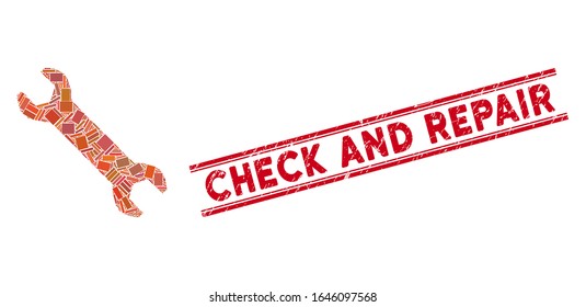 Mosaic repair icon and red Check and Repair seal stamp between double parallel lines. Flat vector repair mosaic icon of scattered rotated rectangle elements.