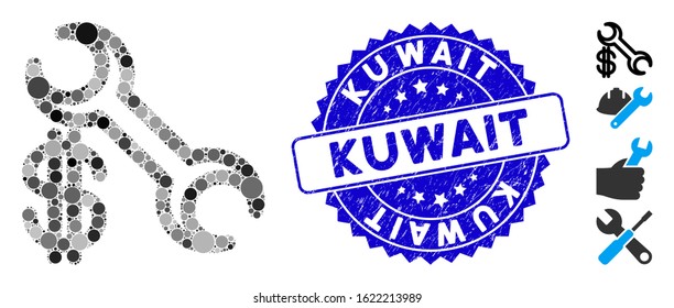 Mosaic repair price icon and corroded stamp watermark with Kuwait phrase. Mosaic vector is formed with repair price pictogram and with scattered round elements. Kuwait stamp seal uses blue color,