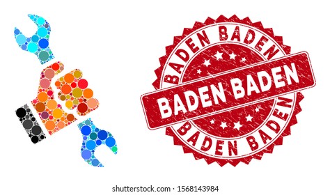 Mosaic repair and rubber stamp watermark with Baden Baden text. Mosaic vector is created from repair icon and with scattered round items. Baden Baden stamp uses red color, and rubber texture.