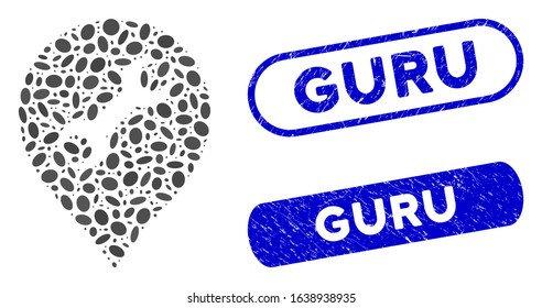 Mosaic repair service and corroded stamp seals with Guru caption. Mosaic vector repair service is composed with scattered elliptic parts. Guru stamp seals use blue color,