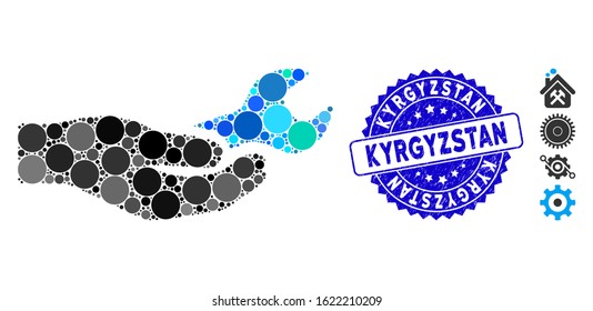 Mosaic repair service icon and rubber stamp watermark with Kyrgyzstan caption. Mosaic vector is composed with repair service icon and with randomized round items. Kyrgyzstan stamp uses blue color,