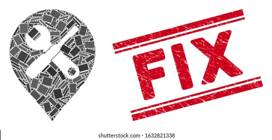 Mosaic repair tools map marker pictogram and red Fix seal between double parallel lines. Flat vector repair tools map marker mosaic pictogram of random rotated rectangle items.