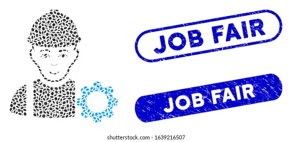 Mosaic repairman and distressed stamp seals with Job Fair text. Mosaic vector repairman is formed with randomized ellipse parts. Job Fair stamp seals use blue color, and have round rectangle shape.