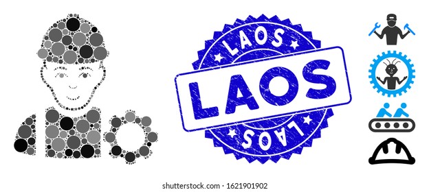 Mosaic repairman icon and corroded stamp seal with Laos text. Mosaic vector is designed from repairman icon and with random round items. Laos stamp seal uses blue color, and rubber surface.