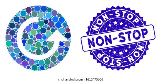 Mosaic repeat icon and rubber stamp watermark with Non-Stop phrase. Mosaic vector is designed with repeat icon and with random circle spots. Non-Stop stamp uses blue color, and grunged texture.