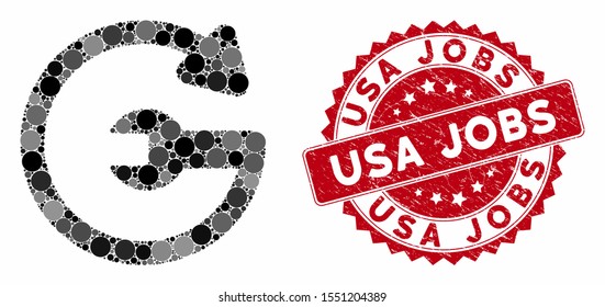 Mosaic repeat service and rubber stamp seal with USA Jobs caption. Mosaic vector is composed with repeat service icon and with random spheric items. USA Jobs stamp seal uses red color,