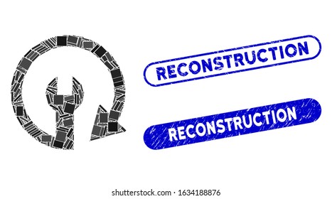 Mosaic repeat service and rubber stamp seals with Reconstruction text. Mosaic vector repeat service is created with randomized rectangle items. Reconstruction stamp seals use blue color,