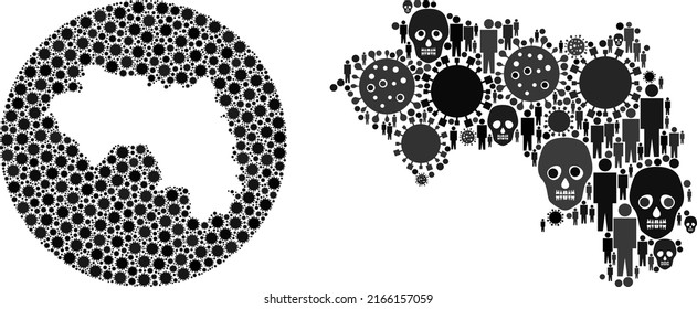 Mosaic Republic of Guinea map designed from SARS virus items and people and dead head elements. Sick virus Republic of Guinea map collage designed with sphere and subtracted shape.