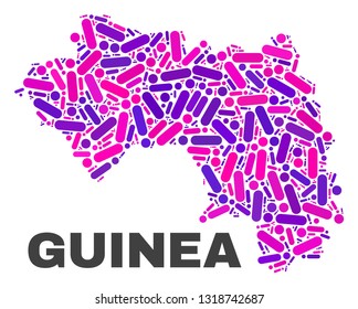 Mosaic Republic of Guinea map isolated on a white background. Vector geographic abstraction in pink and violet colors. Mosaic of Republic of Guinea map combined of scattered circle dots and lines.
