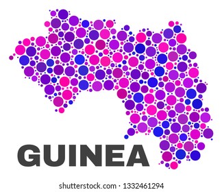 Mosaic Republic of Guinea map isolated on a white background. Vector geographic abstraction in pink and violet colors. Mosaic of Republic of Guinea map combined of random round points.