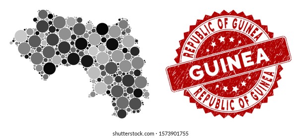 Mosaic Republic of Guinea map and round seal stamp. Flat vector Republic of Guinea map mosaic of scattered round elements. Red rubber seal with grunged style.