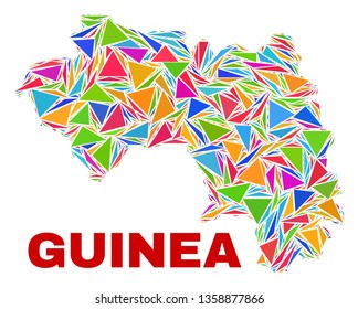 Mosaic Republic of Guinea map of triangles in bright colors isolated on a white background. Triangular collage in shape of Republic of Guinea map. Abstract design for patriotic decoration.