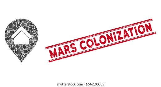 Mosaic residence marker icon and red Mars Colonization seal stamp between double parallel lines. Flat vector residence marker mosaic icon of scattered rotated rectangular elements.