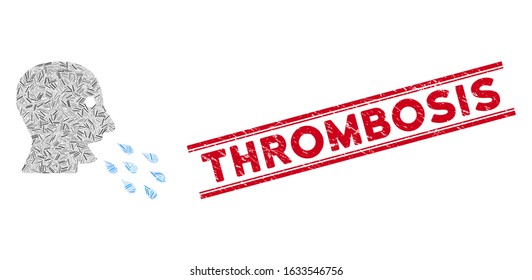 Mosaic respiratory infection icon and red Thrombosis rubber print between double parallel lines. Flat vector respiratory infection mosaic icon of randomized rotated linear elements.