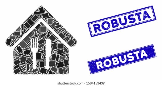 Mosaic restaurant icon and rectangle Robusta seals. Flat vector restaurant mosaic icon of randomized rotated rectangle items. Blue Robusta stamp imprints with grunge texture.