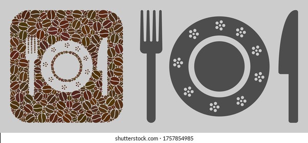 Mosaic restaurant tableware from coffee beans and basic icon. Hole mosaic restaurant tableware is designed of coffee beans. Abstract vector illustrations elements for cafe projects.
