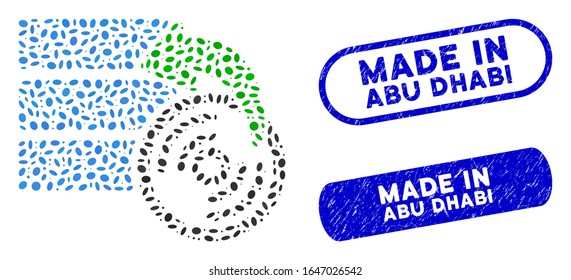 Mosaic restore database and distressed stamp seals with Made in Abu Dhabi phrase. Mosaic vector restore database is designed with randomized elliptic parts.