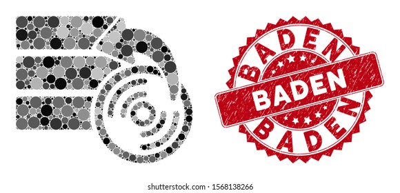 Mosaic restore database and rubber stamp seal with Baden text. Mosaic vector is designed from restore database icon and with randomized round elements. Baden stamp seal uses red color,