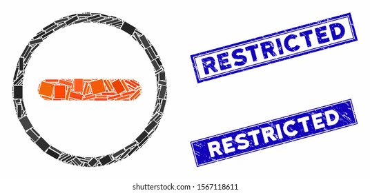 Mosaic restricted icon and rectangle seals. Flat vector restricted mosaic icon of random rotated rectangle elements. Blue caption stamps with corroded textures.