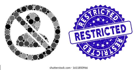 Mosaic restricted user icon and corroded stamp watermark with Restricted phrase. Mosaic vector is created with restricted user icon and with random round items. Restricted stamp uses blue color,