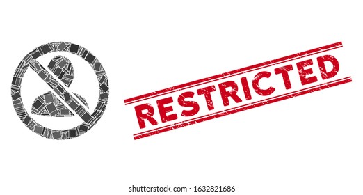 Mosaic restricted user icon and red Restricted seal between double parallel lines. Flat vector restricted user mosaic icon of random rotated rectangular elements.