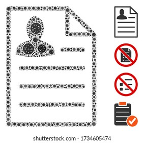 Mosaic resume page designed from flu virus icons in various sizes and color hues. Vector infection icons are combined into abstract mosaic resume page icon. Some bonus icons are added.