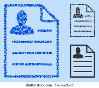 Mosaic Resume page icon organized from spheric elements in variable sizes, positions and proportions. Vector blue spheric dots are composed into abstract mosaic resume page icon.