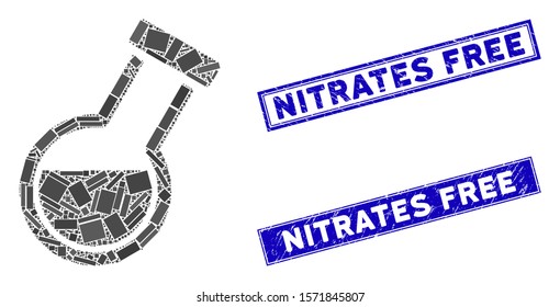 Mosaic retort icon and rectangle Nitrates Free seal stamps. Flat vector retort mosaic icon of random rotated rectangle items. Blue Nitrates Free seal stamps with grunge texture.