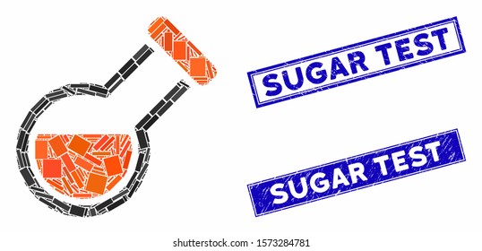 Mosaic retort icon and rectangle Sugar Test seal stamps. Flat vector retort mosaic pictogram of random rotated rectangle items. Blue Sugar Test seal stamps with dirty textures.
