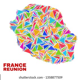 Mosaic Reunion Island map of triangles in bright colors isolated on a white background. Triangular collage in shape of Reunion Island map. Abstract design for patriotic purposes.