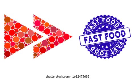Mosaic rewind forward icon and distressed stamp seal with Fast Food phrase. Mosaic vector is composed from rewind forward icon and with scattered circle spots. Fast Food stamp seal uses blue color,