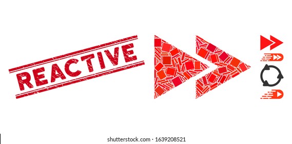 Mosaic rewind forward icon and red Reactive seal stamp between double parallel lines. Flat vector rewind forward mosaic icon of scattered rotated rectangular elements.