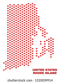 Mosaic Rhode Island State map of heart hearts in red color isolated on a white background. Regular red heart pattern in shape of Rhode Island State map. Abstract design for Valentine decoration.