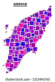 Mosaic Rhodes Island map isolated on a white background. Vector geographic abstraction in pink and violet colors. Mosaic of Rhodes Island map combined of scattered square items.