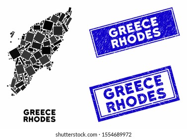 Mosaic Rhodes Island map and rectangular stamps. Flat vector Rhodes Island map mosaic of random rotated rectangular elements. Blue caption rubber stamps with distress textures.