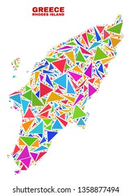 Mosaic Rhodes Island map of triangles in bright colors isolated on a white background. Triangular collage in shape of Rhodes Island map. Abstract design for patriotic purposes.