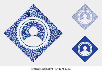 Mosaic Rhombus user seal stamp icon composed of circle and square items in random sizes, positions and proportions.