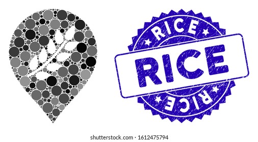 Mosaic rice plantation marker icon and distressed stamp seal with Rice caption. Mosaic vector is composed with rice plantation marker icon and with scattered spheric items.
