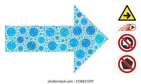 Mosaic right arrow composed of flu virus icons in various sizes and color hues. Vector viral icons are composed into abstract composition right arrow icon. Some bonus icons are added.