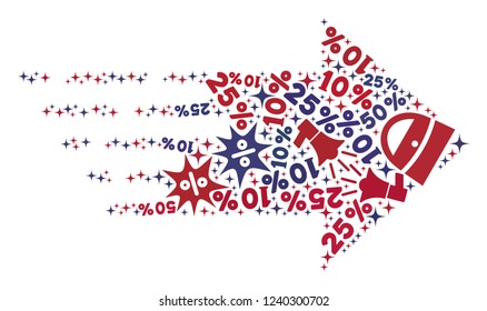 Mosaic right arrow constructed with blue and red shopping symbols. Retail combination of mosaic right arrow icon. Flat design for shopping templates.