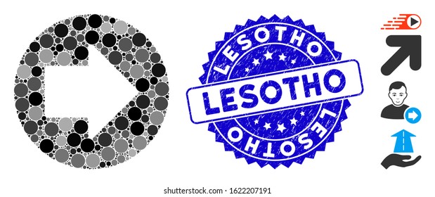 Mosaic right arrow icon and rubber stamp seal with Lesotho caption. Mosaic vector is designed with right arrow pictogram and with randomized round spots. Lesotho stamp seal uses blue color,