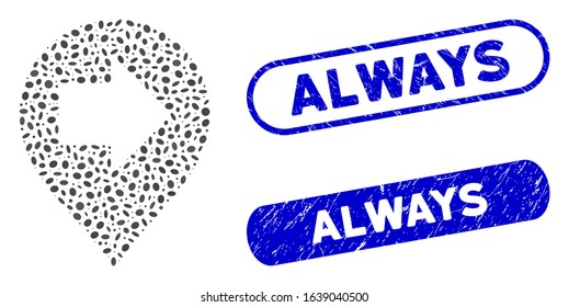 Mosaic right arrow marker and rubber stamp seals with Always text. Mosaic vector right arrow marker is created with random oval items. Always stamp seals use blue color,