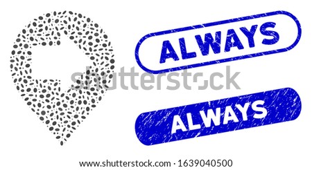 Mosaic right arrow marker and rubber stamp seals with Always text. Mosaic vector right arrow marker is created with random oval items. Always stamp seals use blue color,