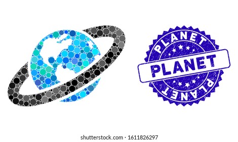 Mosaic ringed planet icon and rubber stamp watermark with Planet caption. Mosaic vector is formed with ringed planet icon and with randomized spheric items. Planet stamp seal uses blue color,