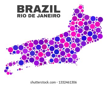 Mosaic Rio de Janeiro State map isolated on a white background. Vector geographic abstraction in pink and violet colors. Mosaic of Rio de Janeiro State map combined of scattered round dots.