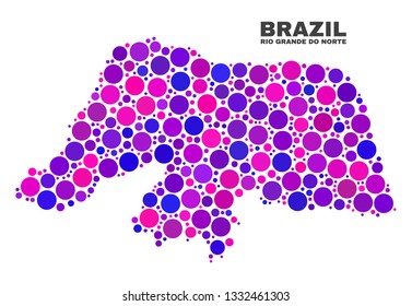 Mosaic Rio Grande do Norte State map isolated on a white background. Vector geographic abstraction in pink and violet colors. Mosaic of Rio Grande do Norte State map combined of scattered round dots.